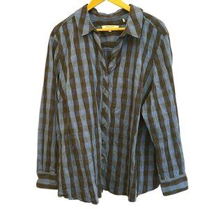 Foxcroft Women Black Blue Plaid Striped Button Up Shirt  Size 24W Relaxed Casual